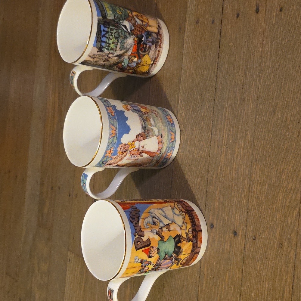 James Sadler VTG Mugs Trio- Bone China Pinocchio/ David Copperfield/ Willow